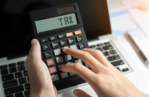 Woman Pressing Calculator Tax Word Calculator Business Tax Concept Pay — Fotografia de Stock