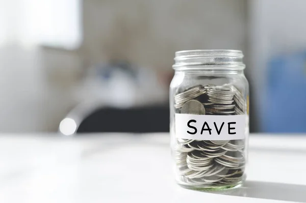 Coins Glass Money Jar Table Label Financial Concept Saving Concept — Fotografia de Stock