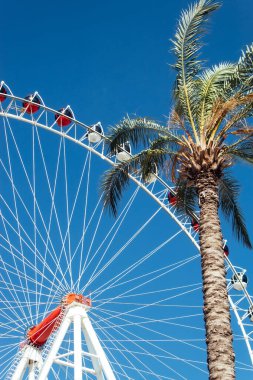Açık mavi gökyüzüne karşı tropikal iklimde yeni bir dönme dolap.