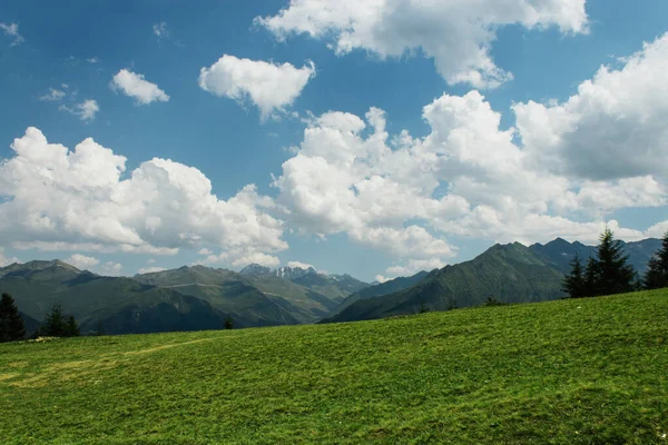 green grass on the background of mountains and clear sky with clouds