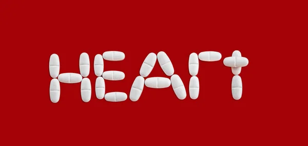 Stránka Pro Lékařskou Prezentaci Srdce Lemované Pilulky Červeném Pozadí Banner — Stock fotografie