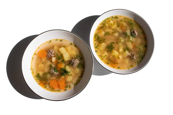 Zelfgemaakte Soep Met Aardappelen Gehaktballen Peterselie Een Wit Bord — Stockfoto