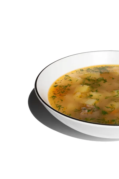 Zelfgemaakte Soep Met Aardappelen Gehaktballen Peterselie Een Wit Bord — Stockfoto