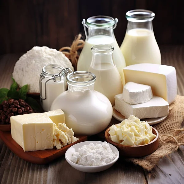 Молочные Продукты Столе Разнообразные Молочные Продукты — стоковое фото