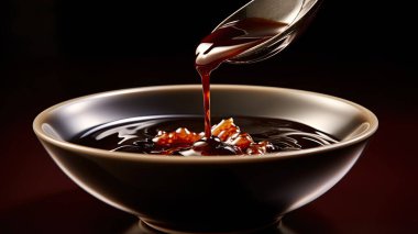 Soya sosu bir kaseden bir tabağa dökülür.