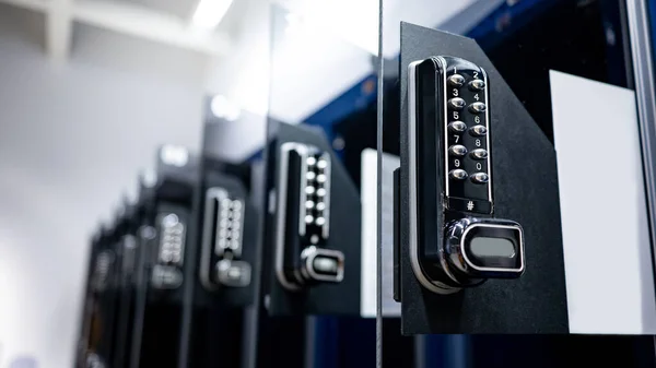 stock image Modern black numeric pad on public locker. Lock system for storage security.