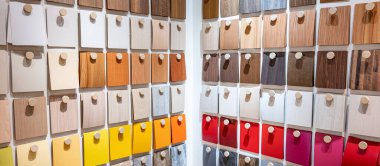 Materyal kütüphanesinde renkli ahşap kaplama örnekleri koleksiyonu. Mobilya dekorasyonu ve iç mimari tasarım öğesi. Duvarda asılı duran tasarımcılar için çeşitli malzeme seçenekleri