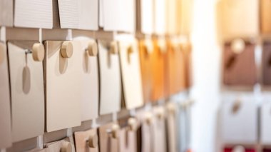 Materyal kütüphanesinde ahşap kaplama örnek koleksiyonu. Mobilya dekorasyonu ve iç mimari tasarım öğesi. Duvarda asılı duran tasarımcılar için çeşitli malzeme seçenekleri