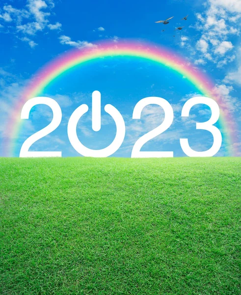2023 start up business flat icon on green grass field over blue sky, white clouds, birds and rainbow, Happy new year 2023 cover concept