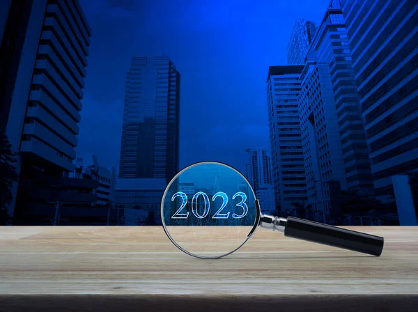 Magnifying Glass 2023 Text Financial Graph Wooden Table Modern Office — Stock Photo, Image