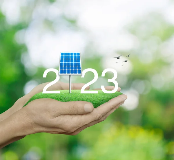2023 White Text Solar Cell Green Grass Field Man Hands — Stock Photo, Image