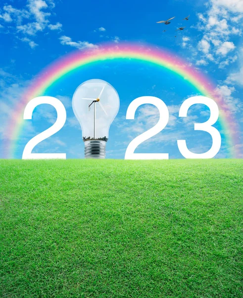 2023 Белый Текст Лампочка Ветряной Турбиной Внутри Зеленом Травяном Поле — стоковое фото