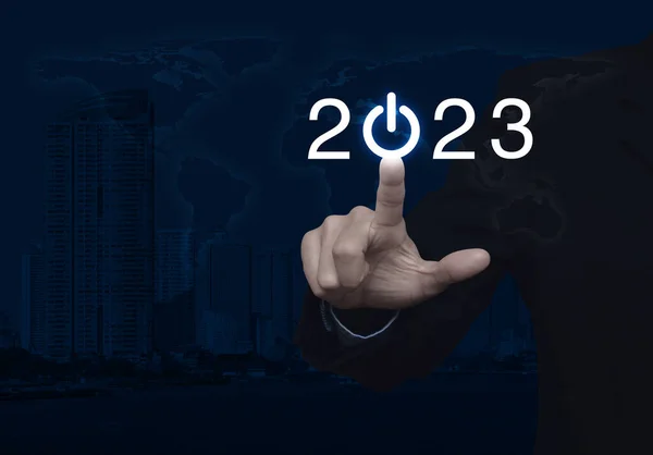 Uomo Affari Premendo 2023 Start Icona Del Business Mappa Del — Foto Stock