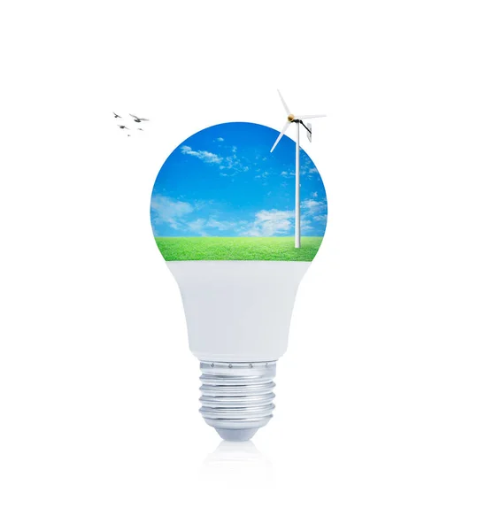 Windkraftanlage Auf Grünem Gras Über Blauem Himmel Mit Led Glühbirne — Stockfoto