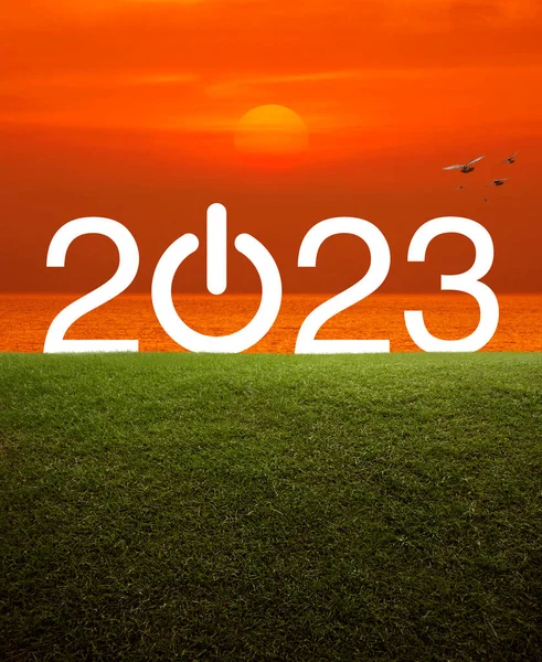 2023 start up business flat icon on green grass field over sunset sky and sea, Happy new year 2023 success concept