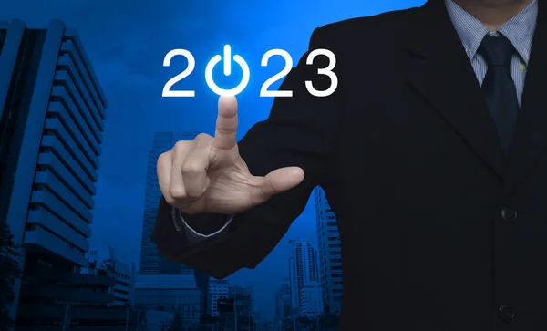 Businessman Pressing 2023 Start Business Flat Icon Modern Office City — Stock Photo, Image