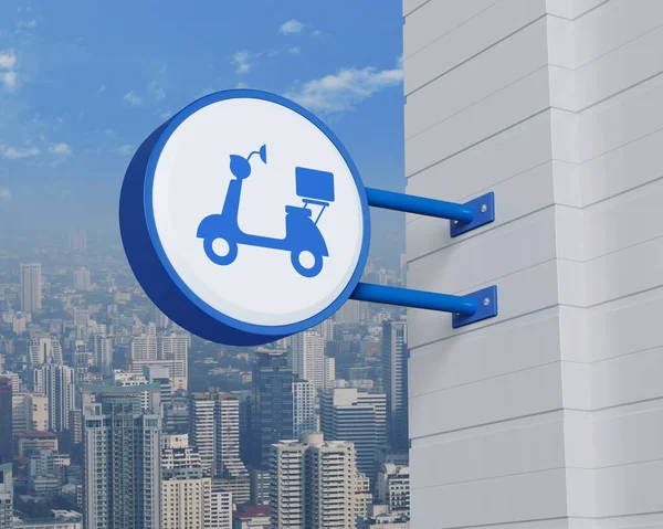近代的な都市の塔 オフィスビルや超高層ビル ビジネスデリバリーサービスコンセプト 3Dレンダリングに青い丸みを帯びた看板にオートバイのアイコン — ストック写真
