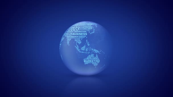 2023年は青いグラデーションを背景に世界地図が回転する言葉でビジネスアイコンを起動します 幸せな新年2023年の世界的なビジネスは概念を起動します Nasaが提供するこの画像の要素 — ストック動画