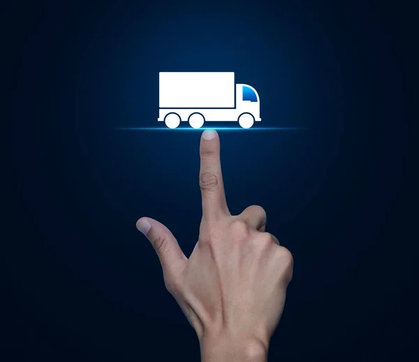 Hand pressing truck flat icon over blue background, Truck transportation service concept