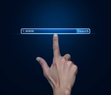 Hand pressing search www button over blue background, Searching system and internet concept