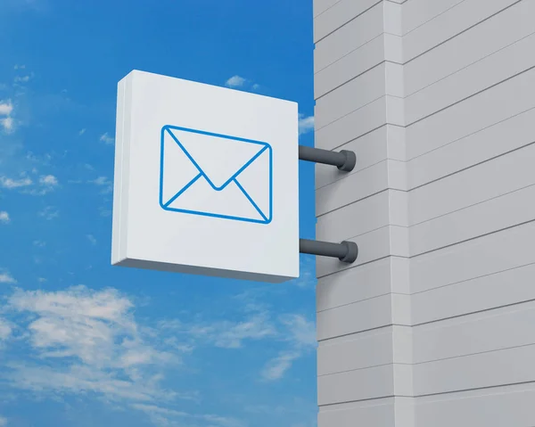 Ícone Mail Placa Quadrada Branca Pendurada Sobre Céu Azul Negócio — Fotografia de Stock