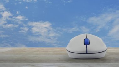 Hukuk düz ahşap masa mavi gökyüzü ile beyaz bulutlar, iş hukuk Servisi online kavramı üzerinde kablosuz bilgisayar fare simgesiyle