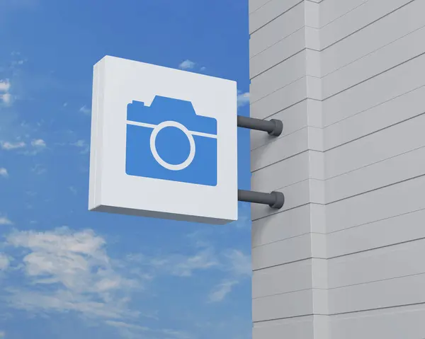 Εικονίδιο Φωτογραφικής Μηχανής Κρεμαστό Λευκό Τετράγωνο Πινακίδα Πάνω Από Γαλάζιο — Φωτογραφία Αρχείου