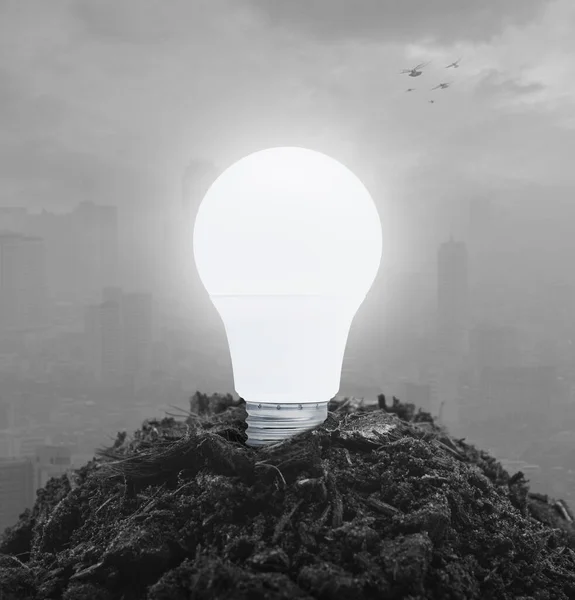 Led Light Bulb Soil Pollution City Tower Skyscraper Green Ecology — Stock Photo, Image