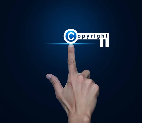 Hand Pressing Copyright Key Icon Blue Background Copyright Patents Concept — Stock Photo, Image