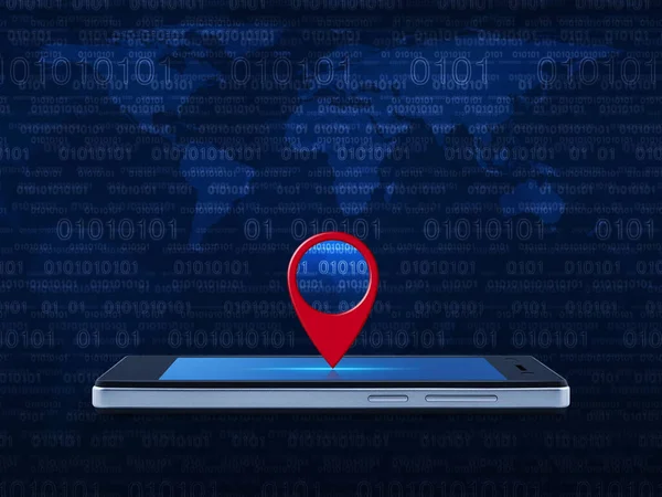 Map pin point location button on modern smart mobile phone screen over world map and computer binary code blue background, Map pointer navigation online concept, Elements of this image furnished by NASA