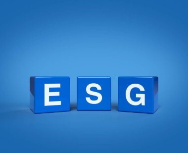 3D görüntüleme, açık mavi arkaplan üzerindeki ESG harflerinin çizimi, Çevresel Sosyal Yönetim kavramı