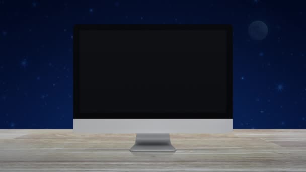 桌面上的银行扁平图标现代电脑显示器屏幕木桌上的幻想夜空和月亮 网上银行的概念 — 图库视频影像