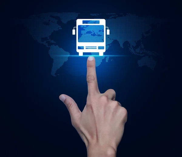 Рука Натиснувши Автобус Плоских Значок Над Цифровий Світ Карта Технології — стокове фото