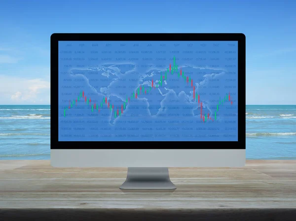 Торговый График Фондового Рынка Картой Мира Графиком Экране Компьютера Деревянном — стоковое фото