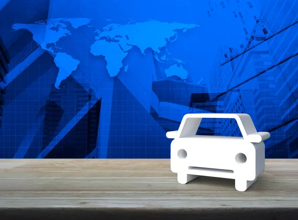 Car 3d icon on wooden table over world map, modern office city tower and skyscraper, Business transportation service concept, Elements of this image furnished by NASA