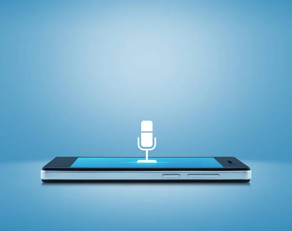 Mikrofon Platt Ikon Modern Smartphone Skärm Över Ljusblå Bakgrund Affärskommunikation — Stockfoto