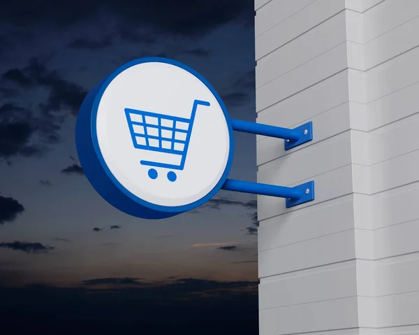 Shop cart icon on hanging blue rounded signboard over sunset sky, Business shopping online concept, 3D rendering