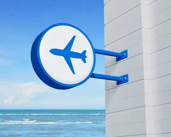 Airplane icon on hanging blue rounded signboard over tropical sea and sky, Business transportation service concept, 3D rendering