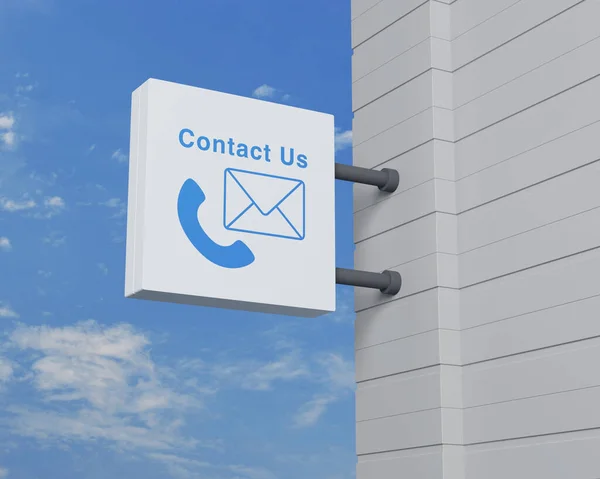 Telephone and email icon on hanging white square signboard over blue sky, Business contact us and customer service concept, 3D rendering