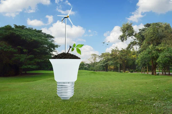 Wind Turbines Fresh Green Tree Leaves Soil Led Light Bulb — Stock Photo, Image