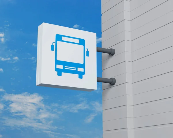 青い空に白い四角形の看板を掛ける上でのバスアイコン ビジネス交通サービスの概念 3Dレンダリング — ストック写真
