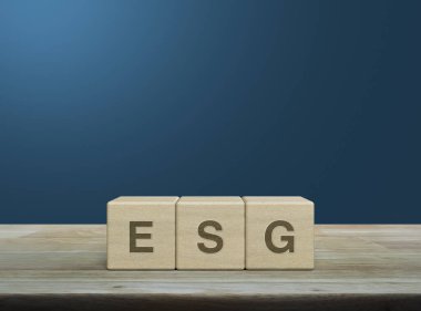 Ahşap küpler üzerine ESG harfi açık mavi duvarın üzerinde, Çevresel Sosyal Yönetim kavramı