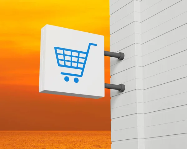 Shop cart icon on hanging white square signboard over sunset sky and sea, Business shopping online concept, 3D rendering