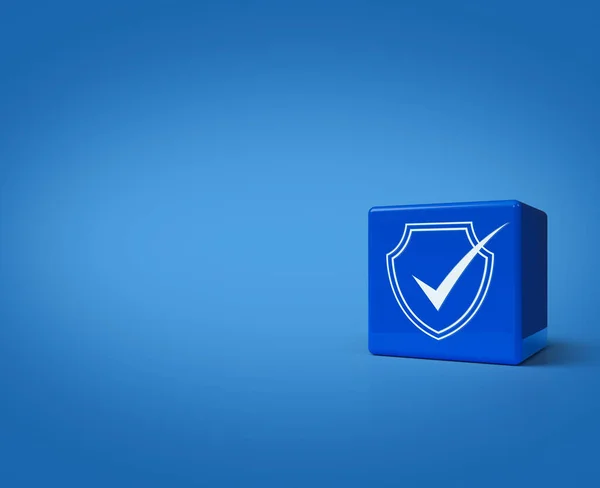 Renderowania Ilustracja Tarczy Bezpieczeństwa Ikoną Znaku Kontrolnego Kostkach Bloku Niebieskim — Zdjęcie stockowe