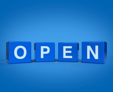 3D görüntüleme, açık mavi arkaplan üzerindeki açık küpler üzerinde OPEN harfinin çizimi, iş iletişimi konsepti