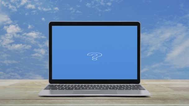 물음표 아이콘 노트북 컴퓨터를 하늘에 테이블 비즈니스 서비스 온라인 — 비디오