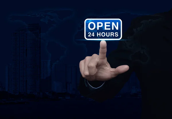Businessman Pressing Open Hours Icon World Map Modern City Tower — Stock Photo, Image