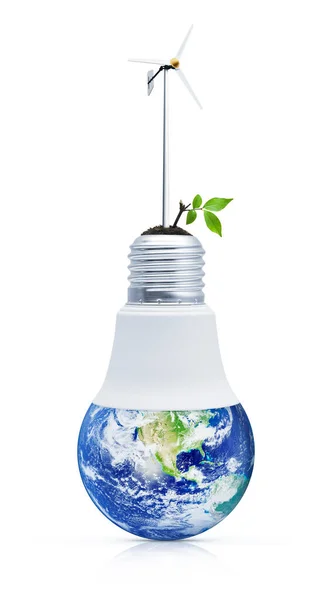 Windturbines Verse Groene Boombladeren Aarde Met Aardbol Led Lamp Geïsoleerd — Stockfoto
