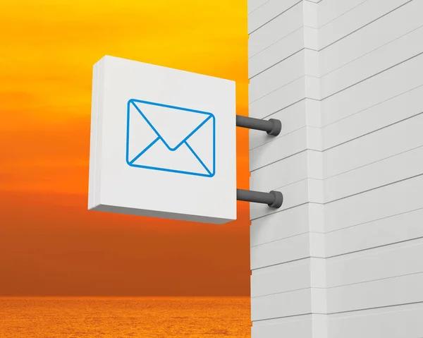 Email Icoon Opknoping Wit Vierkant Bord Zonsondergang Hemel Zee Zakelijk — Stockfoto