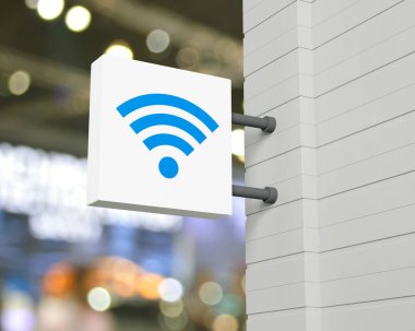 Beyaz kare tabelasını bulanık ışık ve alışveriş merkezinin gölgesi üzerine asan Wi-Fi düz simgesi, teknoloji internet iletişim konsepti, 3D görüntüleme